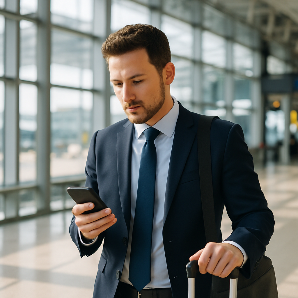 international business traveler using smartphone airport