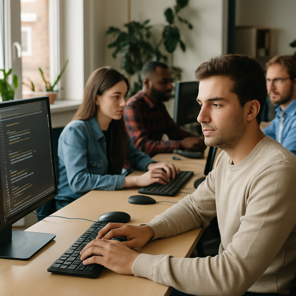 software developers working at computers office